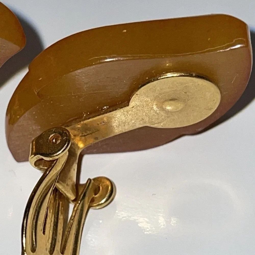 Vintage Kaliningrad USSR Natural Baltic Amber Clip On Earrings Leaf Shape Dangle